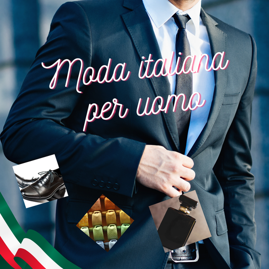 背景画像。スーツ男性写真。四角フレームでイタリア靴、ネクタイ、香水写真。左下にはイタリア国旗デザイン。