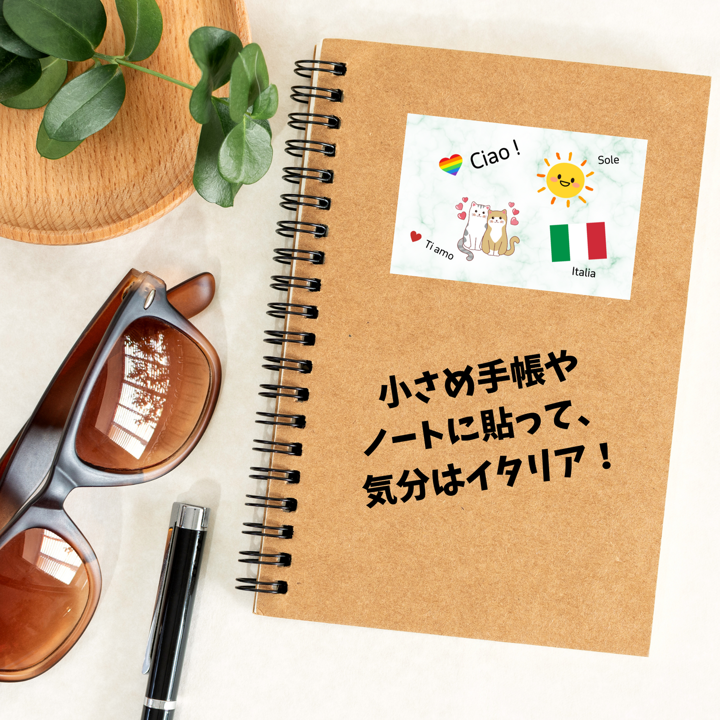 薄いカラー背景。左側に茶色系サングラス。左上に葉っぱ。右側に薄茶色ノート内に商品1枚と日本語文字。
