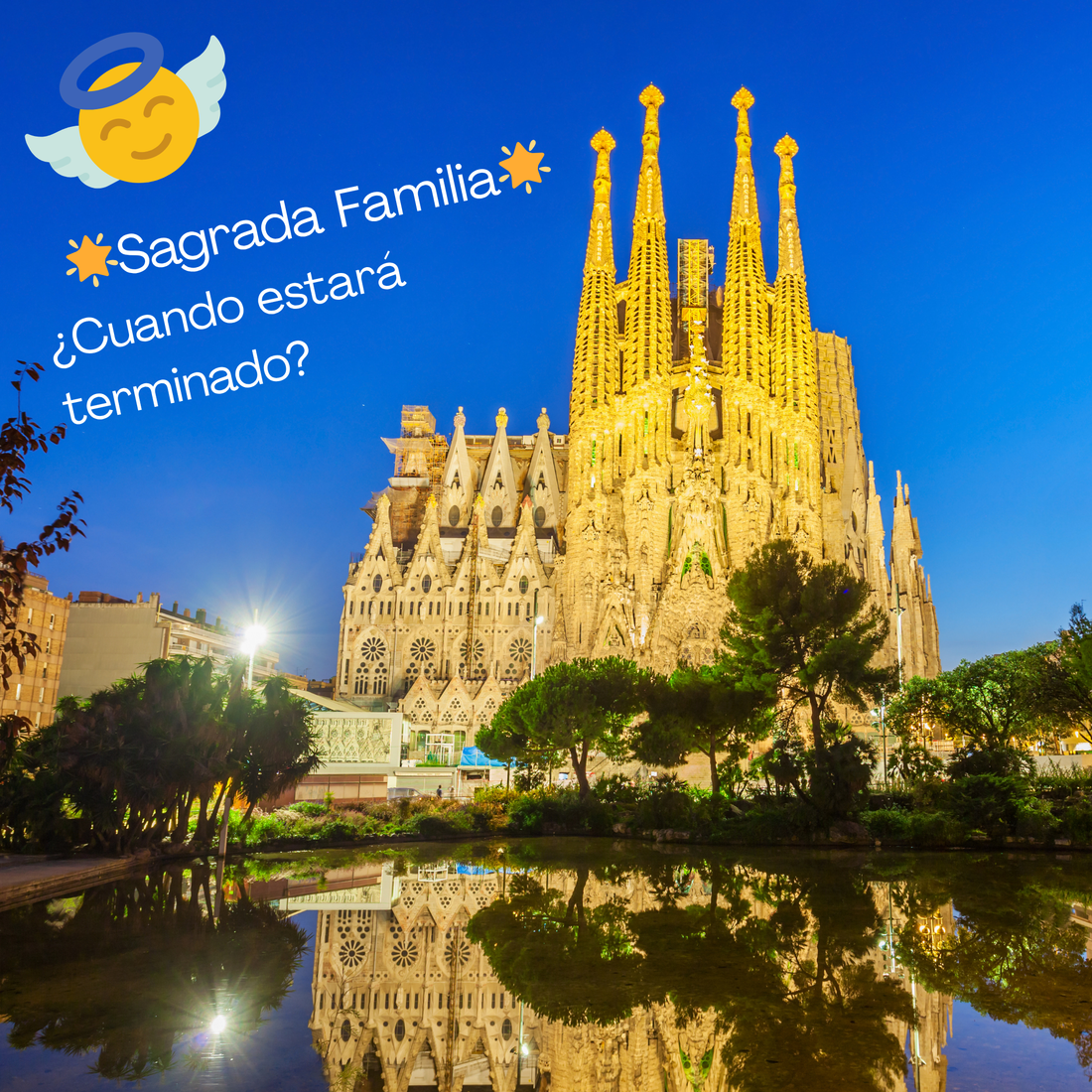 スペインの人気観光地「サグラダファミリア」の夜のライトアップ背景画像。左側に羽根つきの天使の画像とスペイン語のオリジナル文章