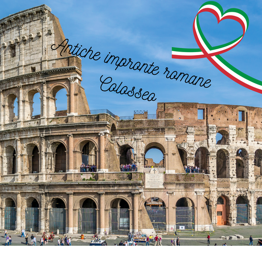 上部右にはイタリアカラーのハートリボン。その下にはイタリア語。全体的に有名なコロッセムの背景写真