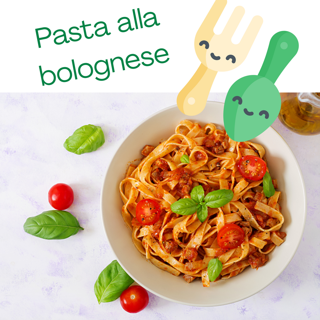 南欧田舎料理で人気のパスタ写真。ボロネーゼ。パスタの上には、イタリア文字とフォークとスプーンの背景画像がある。