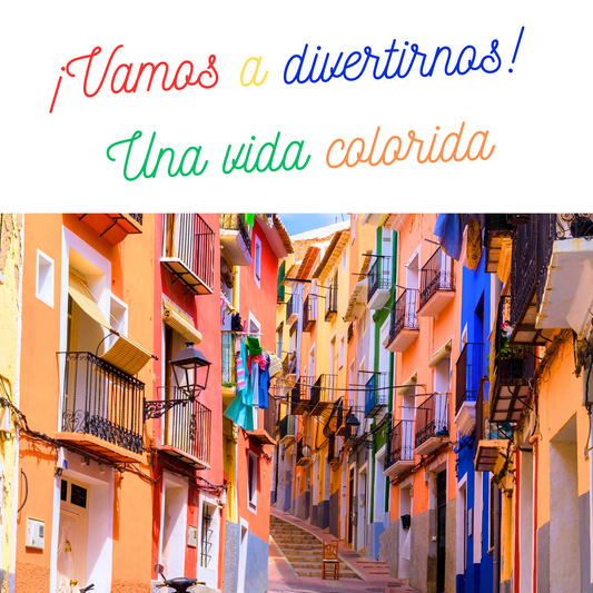 上にカラフルなスペイン語、下はカラフルな街並みの背景画像