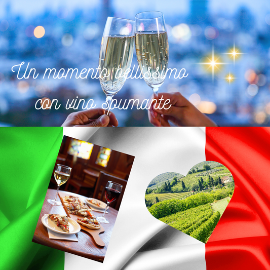 画像上にはイタリア語と、ぼやけてる街並み風景をバックにカップルがスパークリング白ワインで乾杯。その下エリアはイタリア国旗風の絹上の右側はハート型フレーム内のブドウ畑、左は白と赤ワインと料理が並ぶ背景画像。
