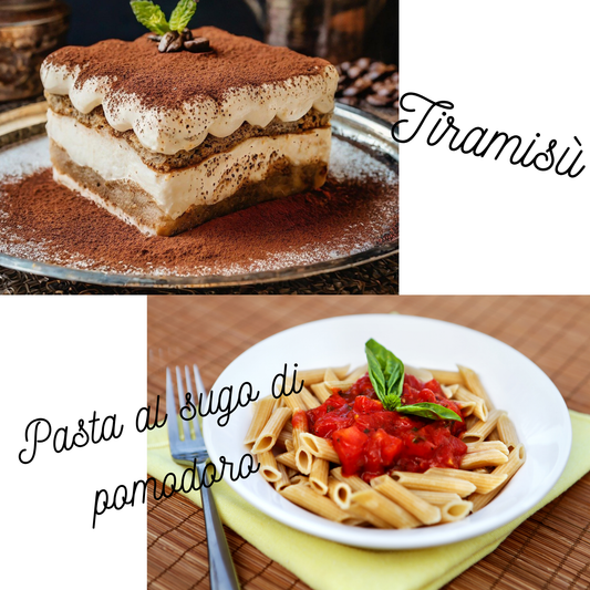 上部左側にティラミスとイタリア語。その下の右側にはトマトソースパスタの写真。そのとなりにイタリア語の背景写真。