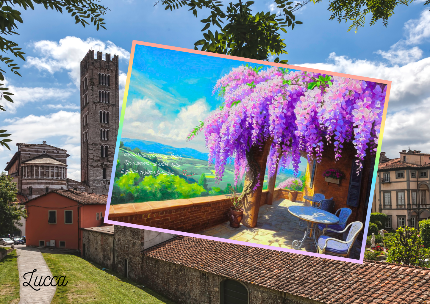 【A】デジタルアート A4【🌈南欧パティオ空間】「イタリア トスカーナ 満開の藤花の下、くつろぐひと時 」