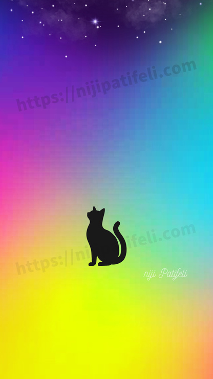 デジタルアート スマホ壁紙サイズ  【A】猫ちゃんが見上げる虹色空間の煌めく夜空