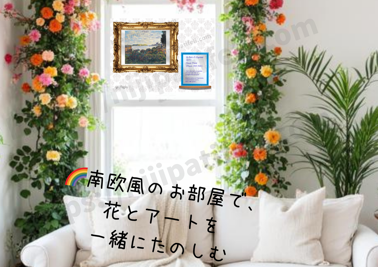 【A】デジタルアート A3【🌈南欧パティオ空間】名画シリーズ「花あふれる静寂のセーヌ川、モネ名画風・詩が寄り添う額縁アート」