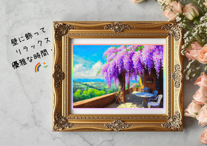 【A】デジタルアート A4【🌈南欧パティオ空間】「イタリア トスカーナ 満開の藤花の下、くつろぐひと時 」