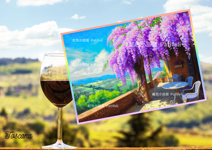 【A】デジタルアート A4【🌈南欧パティオ空間】「イタリア トスカーナ 満開の藤花の下、くつろぐひと時 」