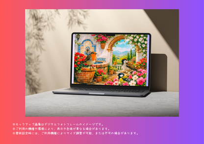 【A】デジタルアート A4【🌈南欧パティオ空間】「喜びが舞う３羽の小鳥たちの至福のひと時」