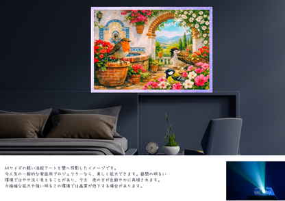 【A】デジタルアート A4【🌈南欧パティオ空間】「喜びが舞う３羽の小鳥たちの至福のひと時」
