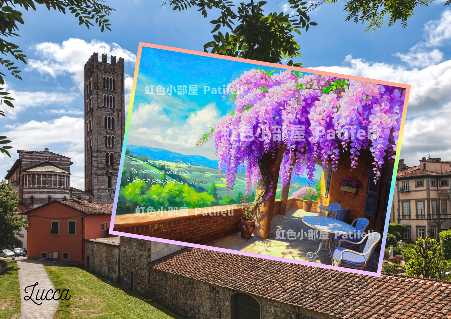 【A】デジタルアート A4【🌈南欧パティオ空間】「イタリア トスカーナ 満開の藤花の下、くつろぐひと時 」