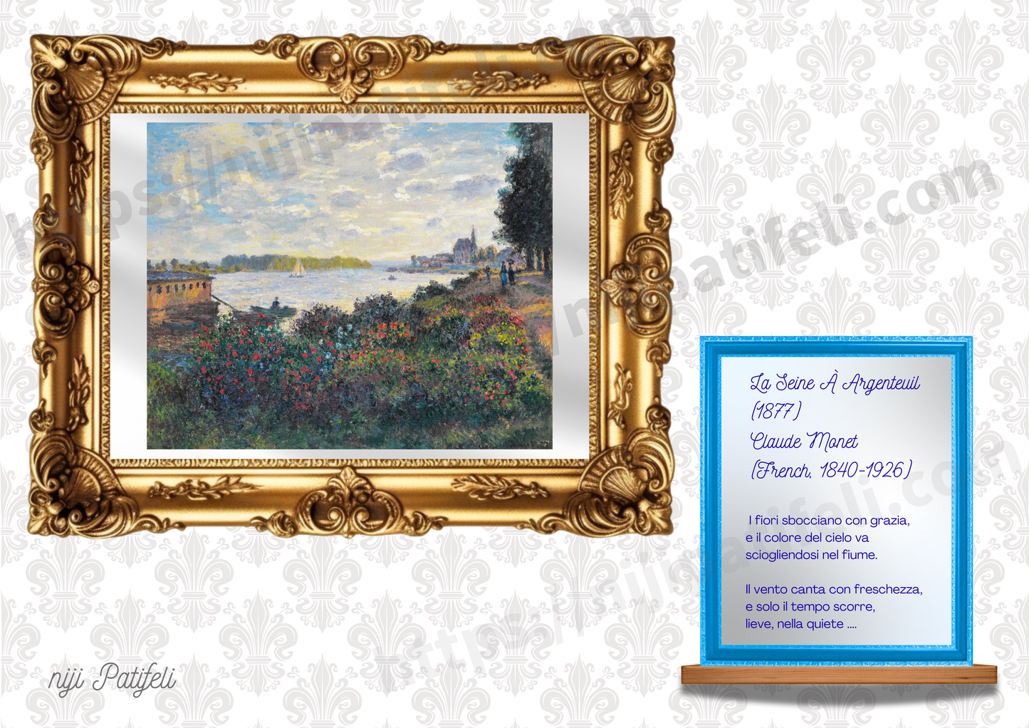 【A】デジタルアート A3【🌈南欧パティオ空間】名画シリーズ「花あふれる静寂のセーヌ川、モネ名画風・詩が寄り添う額縁アート」