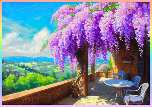 【A】デジタルアート A4【🌈南欧パティオ空間】「イタリア トスカーナ 満開の藤花の下、くつろぐひと時 」