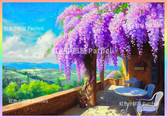 【A】デジタルアート A4【🌈南欧パティオ空間】「イタリア トスカーナ 満開の藤花の下、くつろぐひと時 」