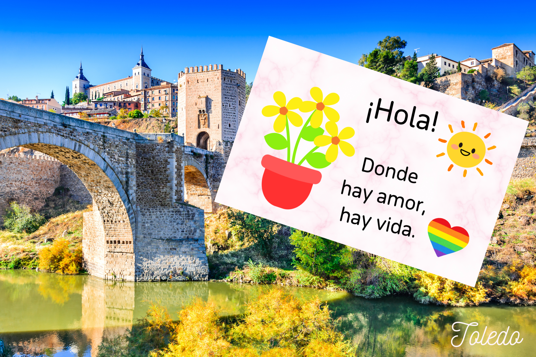 スペインのトレド風景とスペイン語文章の背景画像内にステッカー商品がある。