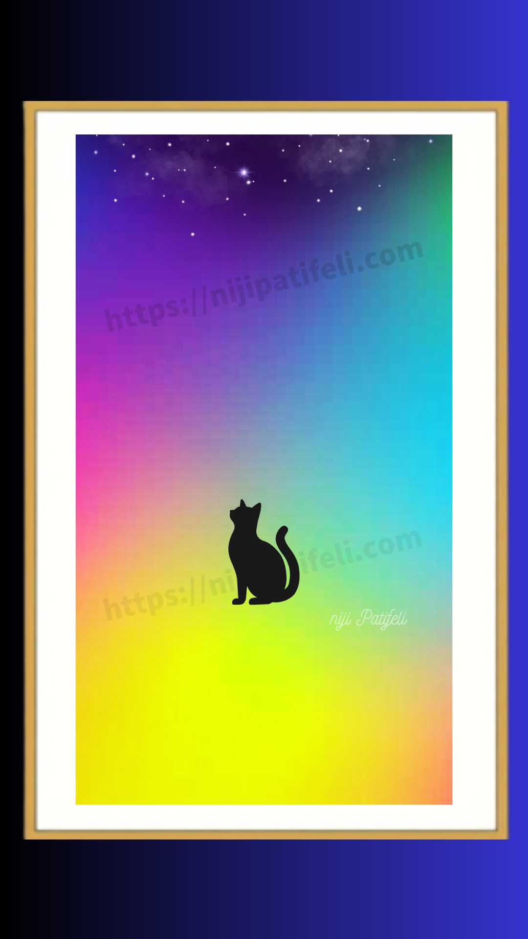 デジタルアート スマホ壁紙サイズ  【A】猫ちゃんが見上げる虹色空間の煌めく夜空