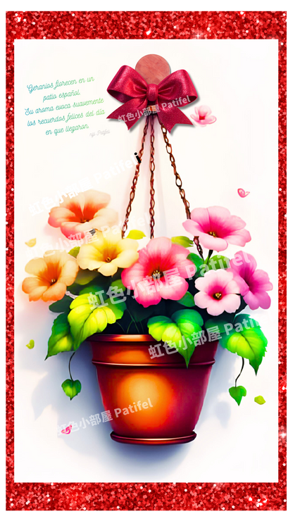 【A】すぐ届く！デジタルアート スマホの壁紙に！「一つ飾るだけで🌈南欧パティオ空間！白壁に飾るゼラニウムが届いた日、幸せな記憶」